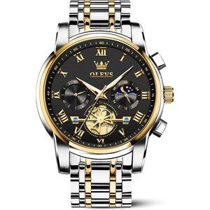 Olevs Men's Gold Silver Band and Black Minimal Waterproof Stainless Steel Watch